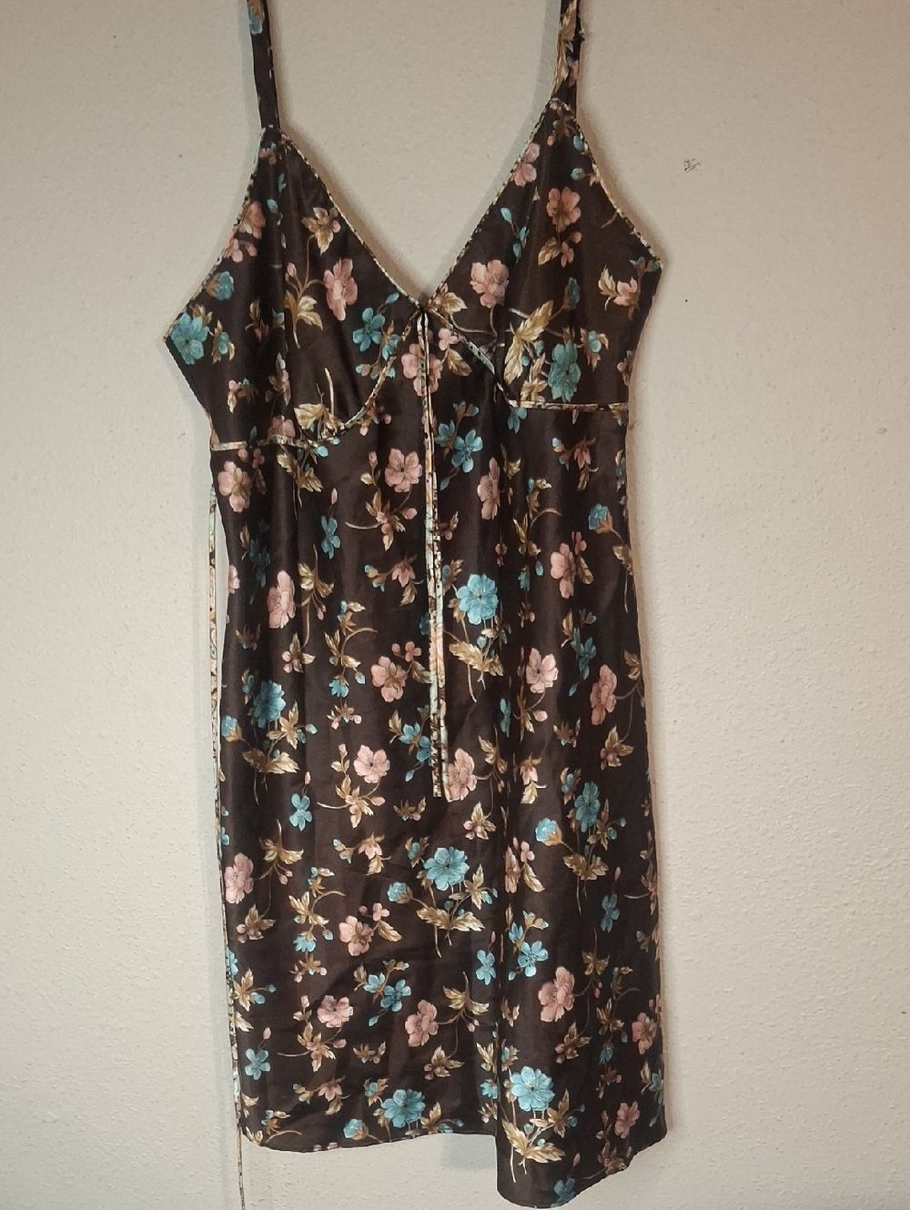 Adonna Floral Satin Slip Dress in Brown with Pink & Teal Flowers size XL